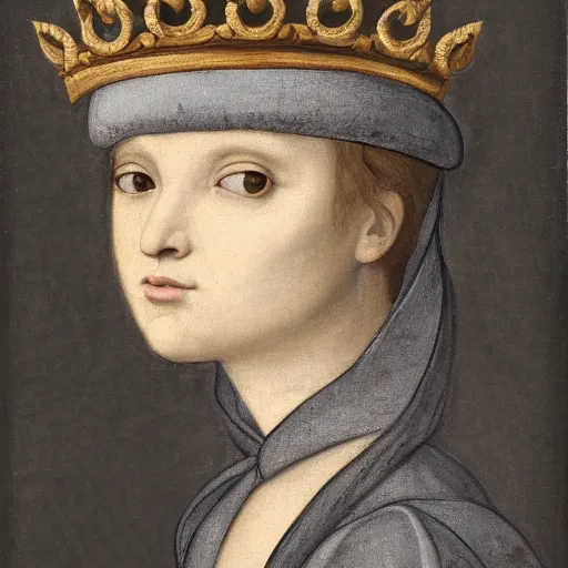 Image similar to a renaissance style portrait painting of a grey scottish fold cat, wearing a crown and cape, dark background