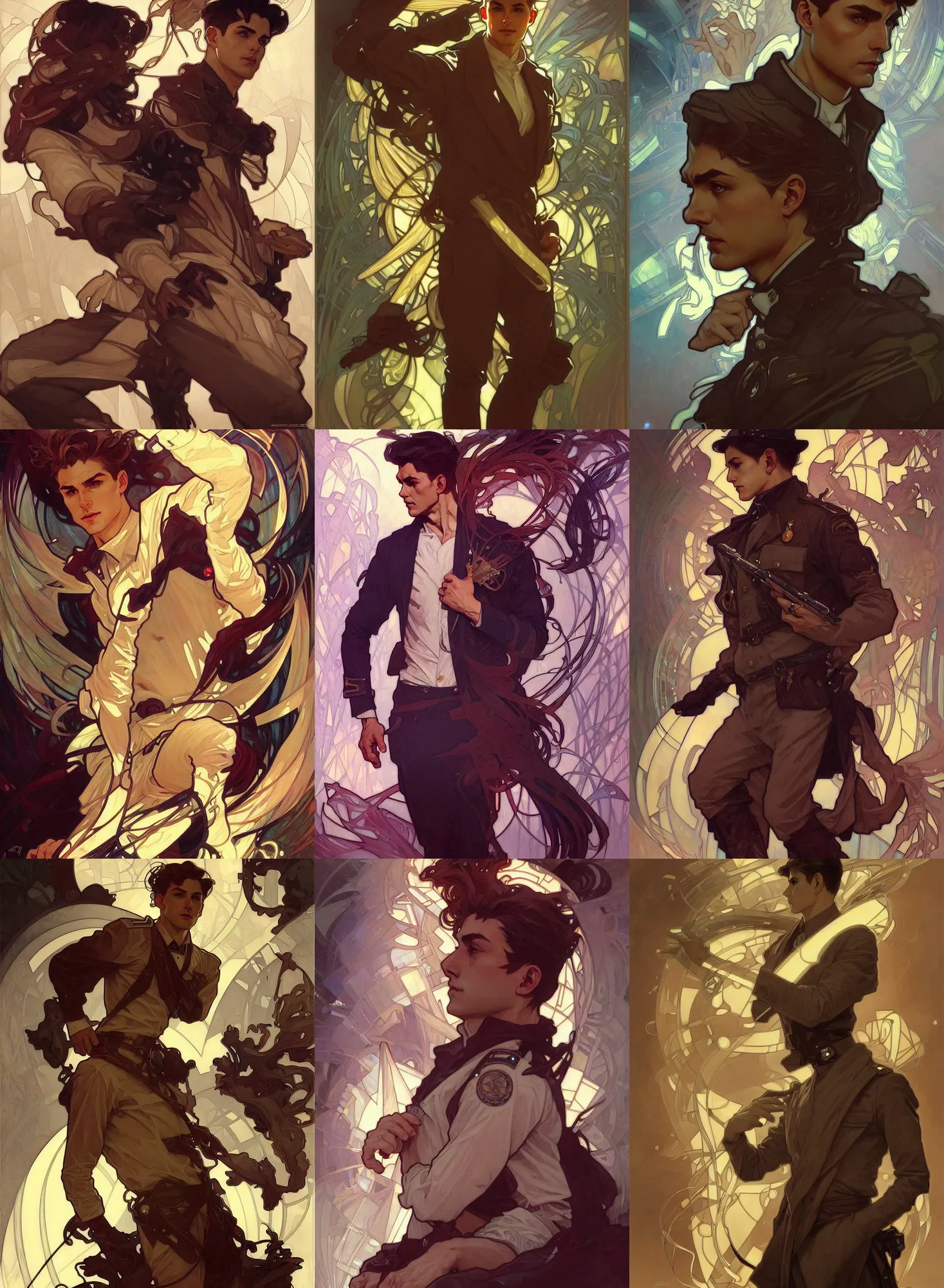 Prompt: deco art by artgerm and greg rutkowski and alphonse mucha. clear portrait of a lonely attractive men in uniform!! hyper detailed, character concept, full body!! dynamic pose, glowing lights!! intricate, elegant, highly detailed, digital painting, artstation, concept art, smooth, sharp focus, illustration