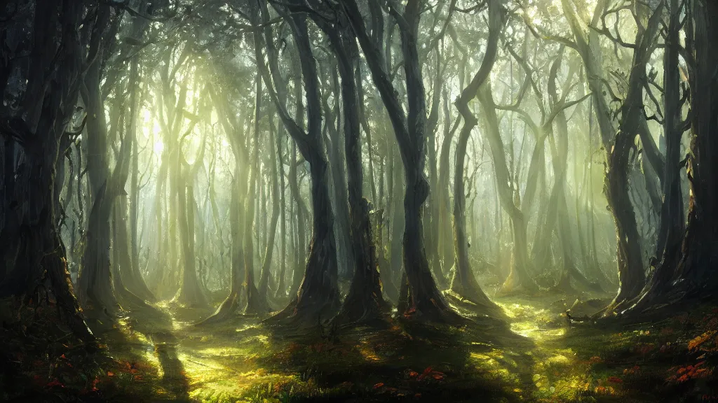 Prompt: The most beautiful painting in the world; an oil painting of a hauntingly beautiful elven forest in the morning; rays of light coming through the canopy; trending on artstation; extraordinary masterpiece!!!!!!; 8k