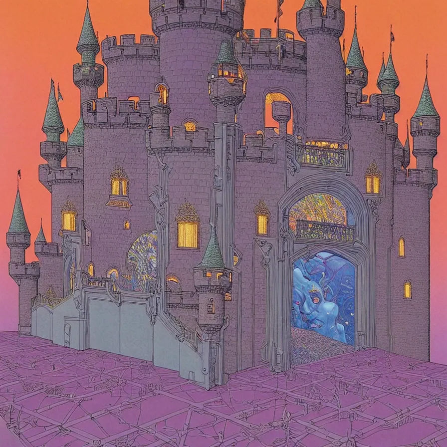 Prompt: ( ( ( ( entrance of the huge castle, with decorative frame design ) ) ) ) by mœbius!!!!!!!!!!!!!!!!!!!!!!!!!!!, overdetailed art, colorful, artistic record jacket design