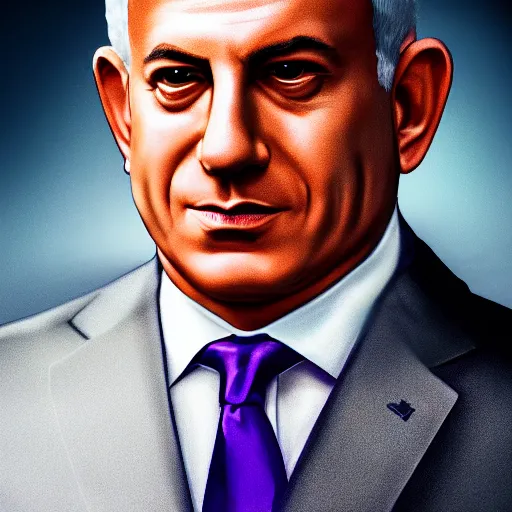 Image similar to breathtaking symmetrical portrait of benjamin netanyahu wearing golden otherworldly purple jewels and a white robe, studio lighting, dynamic lighting, sharp, 4 k, trending on artstation