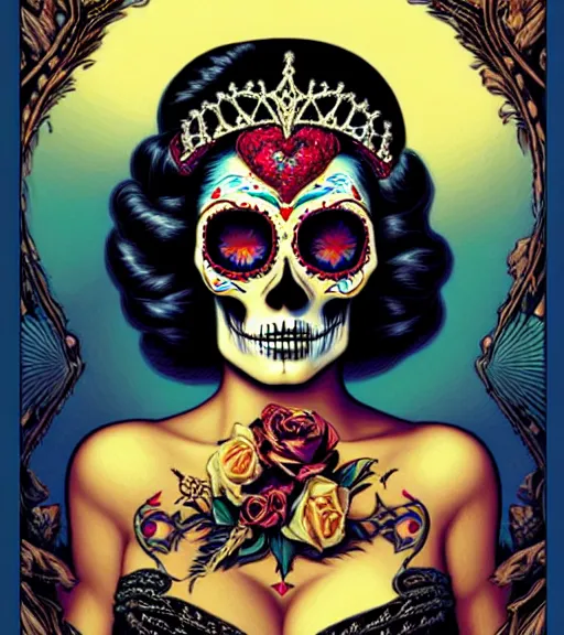 Prompt: a beautiful fancy skull lady by dan mumford and gil elvgren, folklorico, tarot, sugar skull, hyperrealism, intricate details, queen of swords