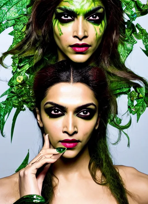 Image similar to A beautiful portrait of Deepika Padukone as Poison Ivy from Batman as a Versace fashion model Spring/Summer 2012, highly detailed, in the style of cinematic, Getty images, Milan fashion week backstage, Makeup by Pat McGrath, Greg rutkowski