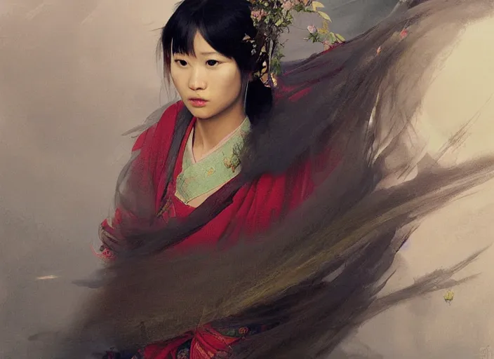 Image similar to top angle view, wide lens of asian girl wearing traditional as, beautiful concept painting by caravaggio, ruan jia, jakub rebelka, artgerm, greg rutkowski, edgar maxence