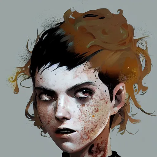 Prompt: Highly detailed portrait of a punk zombie young lady with freckles and brown curly hair hair by Atey Ghailan, by Loish, by Bryan Lee O'Malley, by Cliff Chiang, by Greg Rutkowski, inspired by ((image comics)), inspired by nier:automata, inspired by graphic novel cover art !!!gold, silver, opal, brown, black, and white color scheme ((grafitti tag brick wall background))