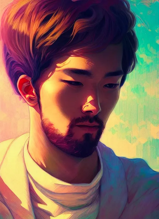 Image similar to handsome gojo, half body shot, path traced, highly detailed, high quality, digital painting, alena aenami, lilia alvarado, shinji aramaki, karol bak, alphonse mucha, tom bagshaw