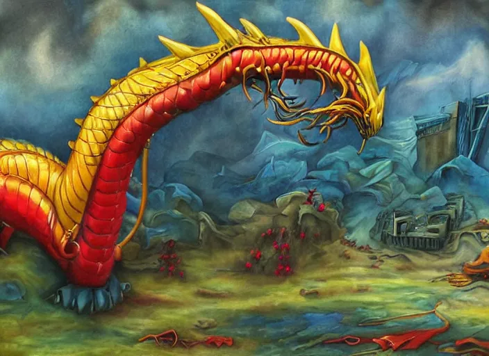 Image similar to The majestic rubber dragon has been punctured, and is now slowly deflating! Fantasy painting, colorful, somber, sorrowful