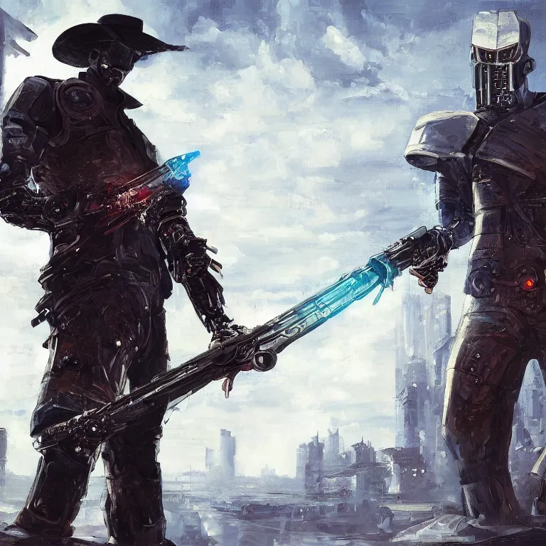 Prompt: a glitched oil painting of a cybernetic cowboy/knight duelwielding a revolver and longsword in the style of cyberpunk in the style of high fantasy art detailed realistic High Resolution HD 8k