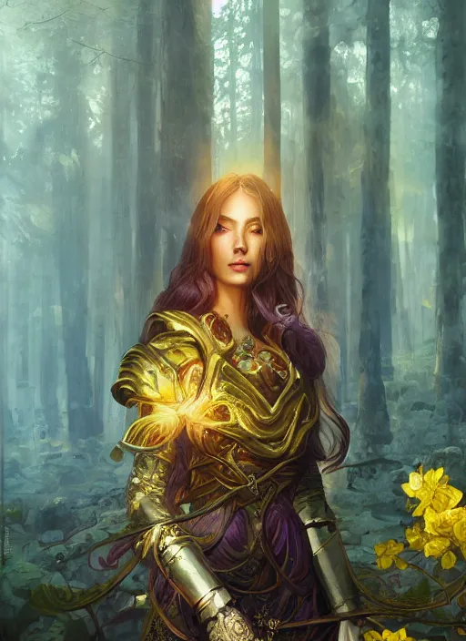 Image similar to intricate oil painting portrait by Anna Dittmann depicting a stunning female fantasy cleric in a bright temple surrounded by yellow spring forest and dead trees, evening, atmospheric lighting, intricate detail, cgsociety, hyperrealistic, octane render, RPG portrait, ambient light, dynamic lighting