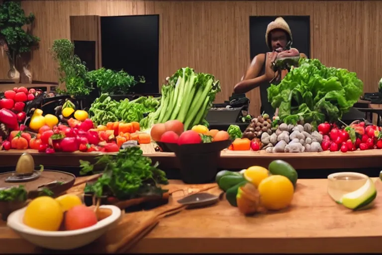 Image similar to film still of fresh fruits and vegetables making beats in the studio on an mpc