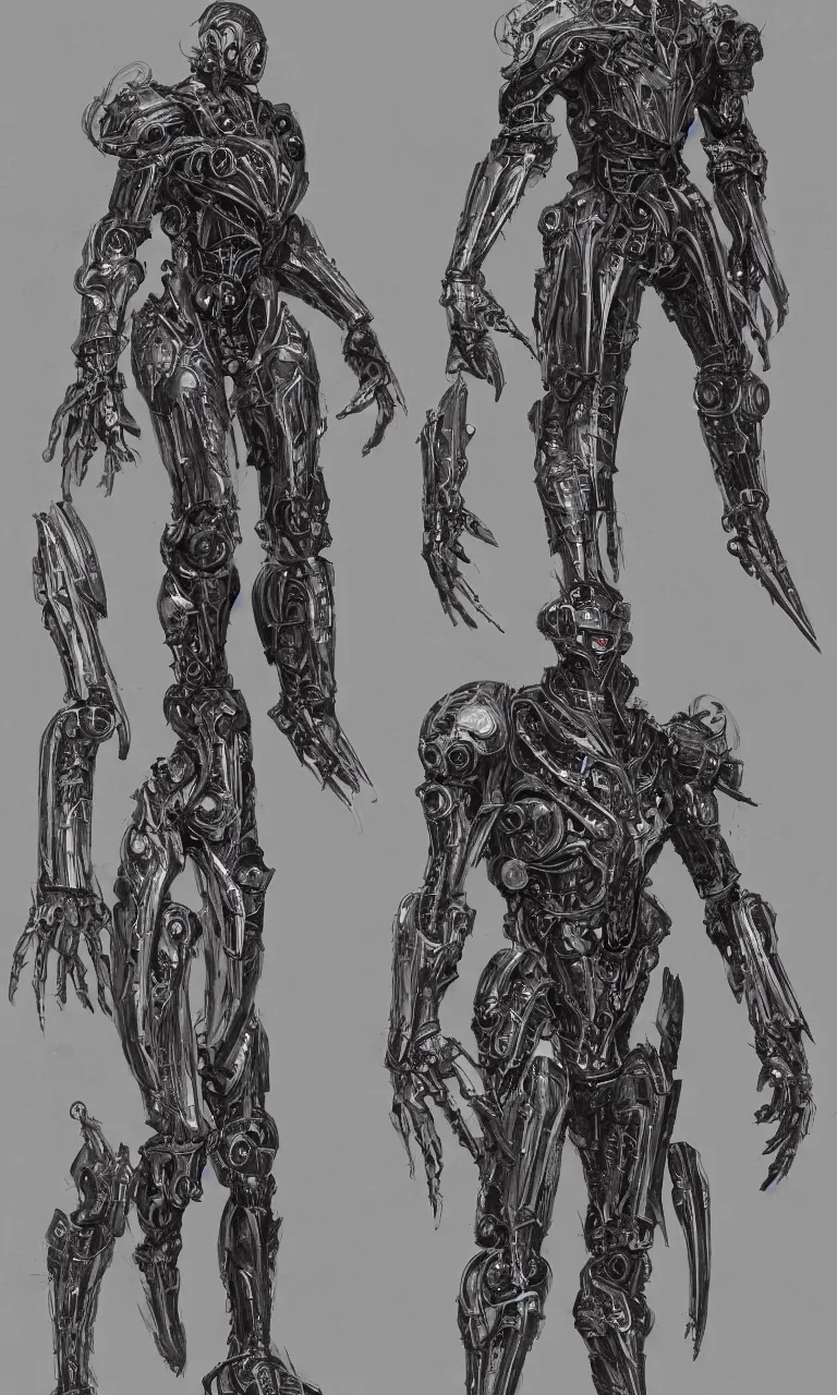 Prompt: full page scan of 1 7 0 0 concept art, a occult robot armor, character design, symmetrical fullbody rendering, bliblical, inspired by elden ring, by hr giger, sadan vague, yoji shinkawa, craig mullins, emil melmoth, artstation, highly detailed, 4 k post - processing, 8 k resolution + dof