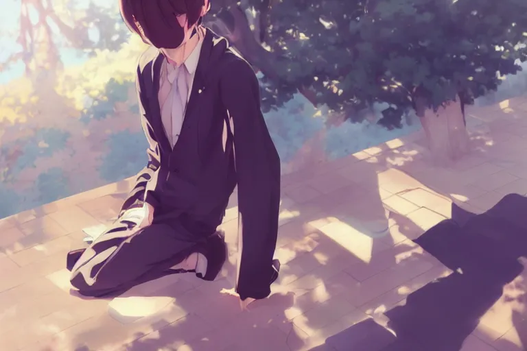 Image similar to boy's love anime high school scene spring noon setting, high detail concept art, perfect proportions good looking face, realistic shaded lighting poster ilya kuvshinov, katsuhiro, jeremy lipkin and michael germash, makoto shinkai, loish and clamp style, trending on art station, best selling artist