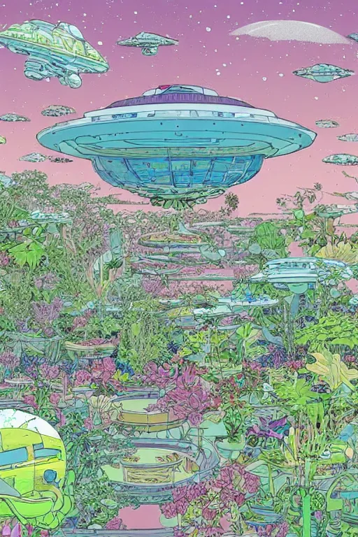 Prompt: multi level botanical garden spaceship floating in space, calm, tranquil, faded effect, detailed, vaporwave colors, by geof darrow, geof darrow art,