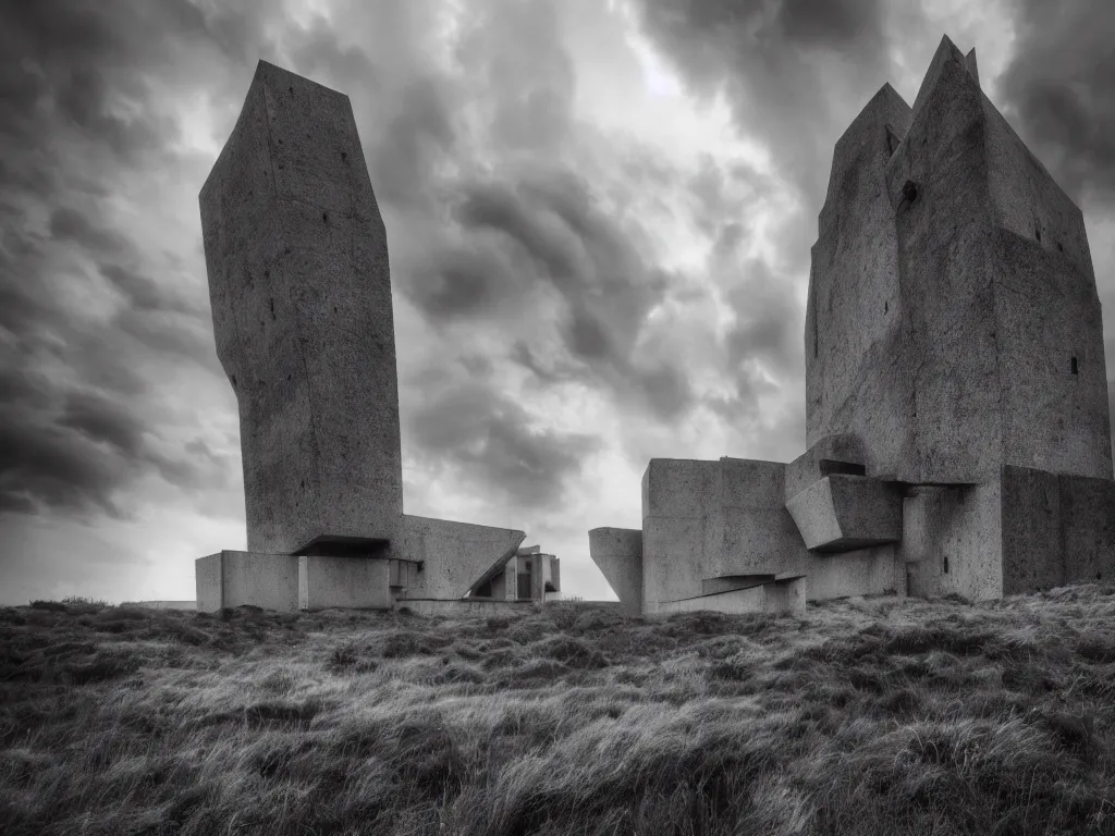 Image similar to photo of a brutalist cathedral built over a hill, in the middle of a storm. realistic clouds that resemble levitating large rocks. impressive, magical, very atmospheric, cinematic, deep, very high complexity, stunning, dramatic masterpiece, iridescent, chiaroscuro, romantic, very detailed. 4 k