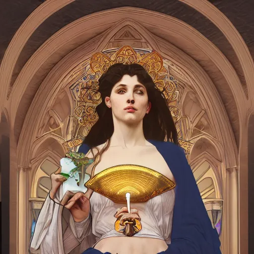 Prompt: a Portrait of A goddess in a church with a holy light emanating from her body by greg rutkowsk and alphonse mucha,In style of digital art illustration.WLOP.hyper detailed,smooth, sharp focus,trending on artstation,4k