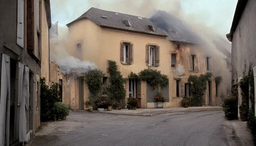 Prompt: 1 9 7 0 s movie still of a burning french style townhouse in a small french village, cinestill 8 0 0 t 3 5 mm, high quality, heavy grain, high detail, texture, dramatic light, ultra wide lens, panoramic anamorphic, hyperrealistic