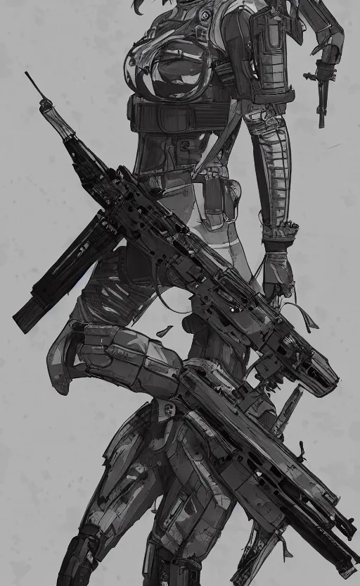 Image similar to highly detailed, high resolution, character design art, stunning, volumetric lightning, realistic guns, girls frontline style, matte, sharp focus, intricate, 150mm, illustration, artstation, by sui ishida, realistic human anatomy, simple design, realistic military gear, metal gear style