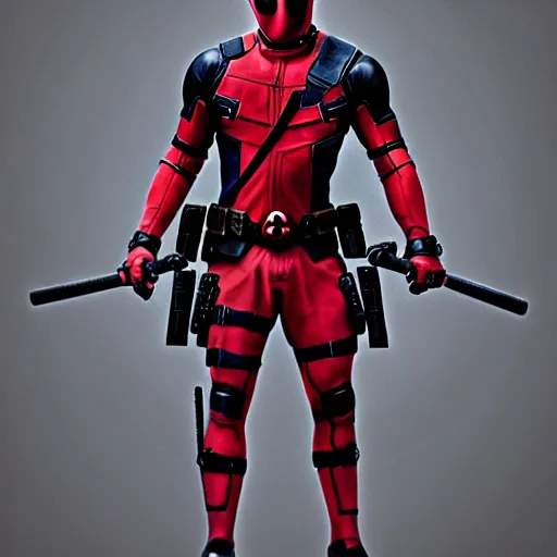 Image similar to Deadpool wearing a pink tutu doing a ballerina pose, holding his bloody katana, smiling at the viewer