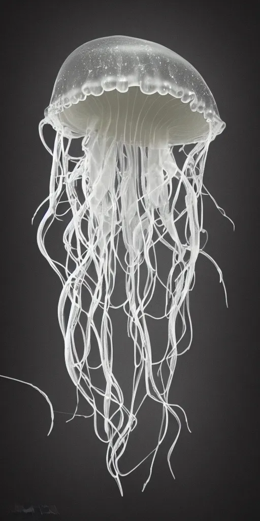 Prompt: a photorealistic render of a neotribal jellyfish, made of melted plastic and marble, c 4 d, by zhelong xu and ernst haeckel, wide angle, hyper realistic, plain black background, 8 k, volumetric lightning, octane render