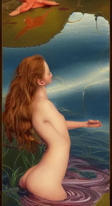 Image similar to a painting of a woman in a body of water, a fine art painting by jan tengnagel, trending on deviantart, pop surrealism, tarot card, pre - raphaelite, artwork