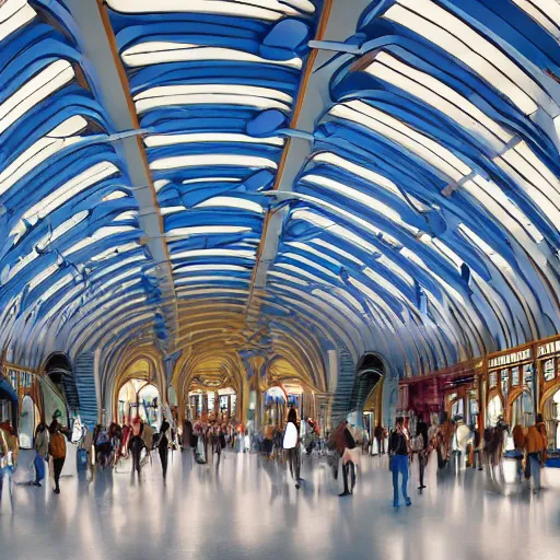 Image similar to elaborate and beautiful train station hall filled with travelers, designed by zaha hadid, bold colored walls, tall ceilings, large windows, lots of bold colors, unique architecture, sunbeams, concept art, illustration, detailed 8k