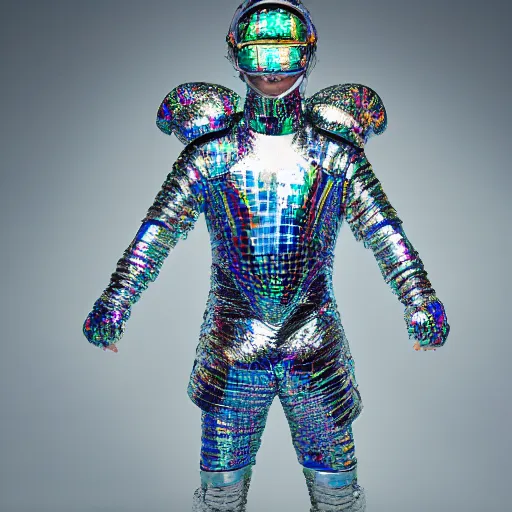 Prompt: a portrait of a beautiful young male wearing an alexander mcqueen armor made of holographic bubbles , photographed by andrew thomas huang, artistic