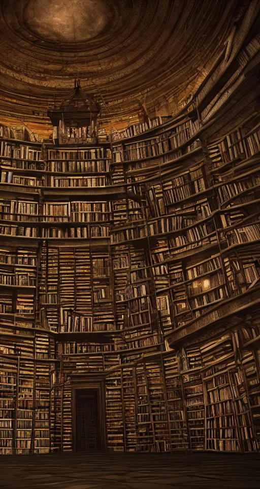 Prompt: ancient libraries containing the knowledge of all time, books, shelves, intricate design, spiraling, steps, ladders, dark knowledge, wisdom, secrets, ambient lighting, moody environment, feeling of mystery, realistic, 8 k render, unreal engine 5 render