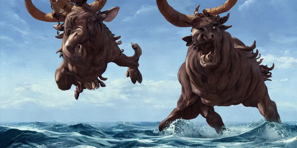 Image similar to Minotaur in Sea, by Caravaggio, studio ghibli, cinematic lighting, intricate, highly detailed, digital painting, trending on artstation, Illustration, epic scale