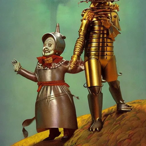 Image similar to Wizard of oz tinman, by lawrence alma-tadema and zdzislaw beksinski and norman rockwell and jack kirby and tom lovell and greg staples, artstation creature art