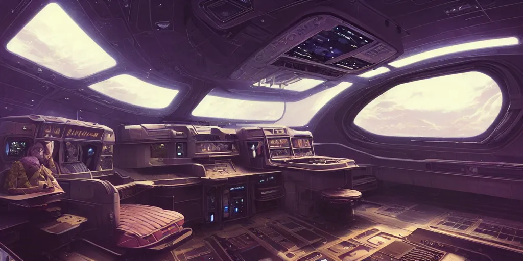 Image similar to highly detailed interior of a retro spaceship with large windows, stephen bliss, unreal engine, greg rutkowski, ilya kuvshinov, ross draws, hyung tae and frank frazetta, tom bagshaw, tom whalen, nicoletta ceccoli, mark ryden, earl norem, global illumination, god rays, detailed and intricate environment