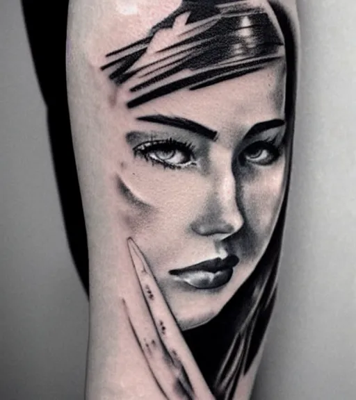 Image similar to tattoo design sketch of a beautiful girl portrait and a faded mountain background, in the style of den yakovlev, black and white, realism tattoo, hyper realistic, highly detailed