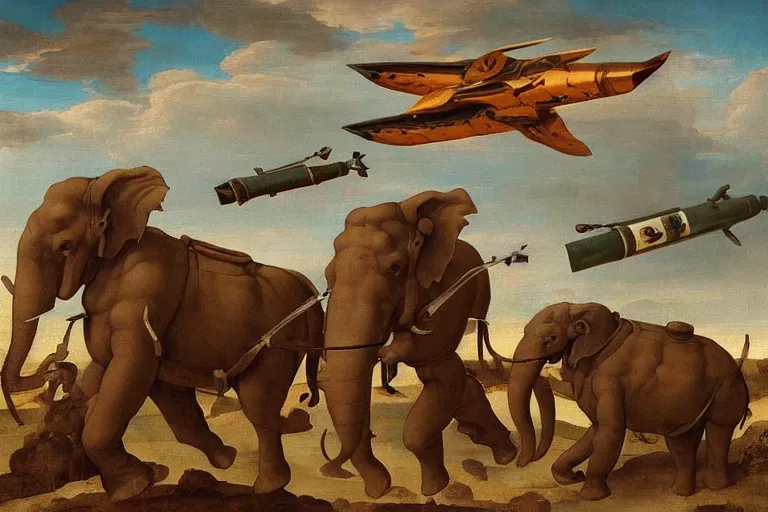 Image similar to “a Hellenistic painting of Lockheed Martin designed war elephants with missiles strapped to them, virtuoso, masterpiece, 8k, Michelangelo”