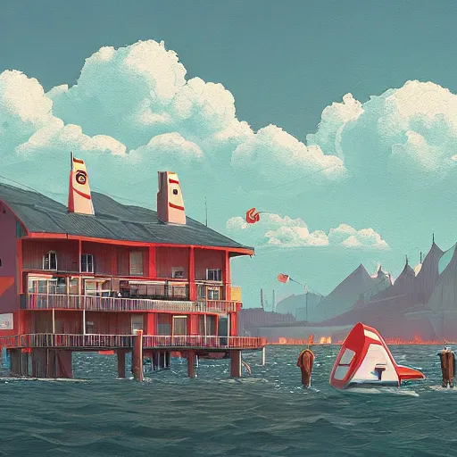 Image similar to yachting club by simon stalenhag