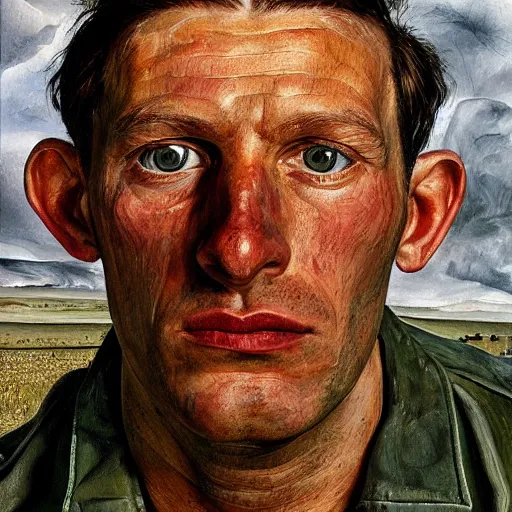 Image similar to high quality high detail painting by lucian freud, hd, american soldier, photorealistic lighting