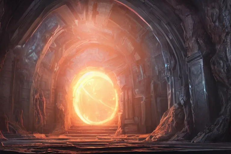 Image similar to ancient glowing epic portal to another dimension, cinematic, futuristic, gate, artstation, mattepainting