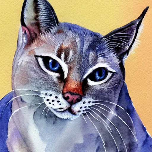 Prompt: watercolor painting of an apple head lynx point siamese cat