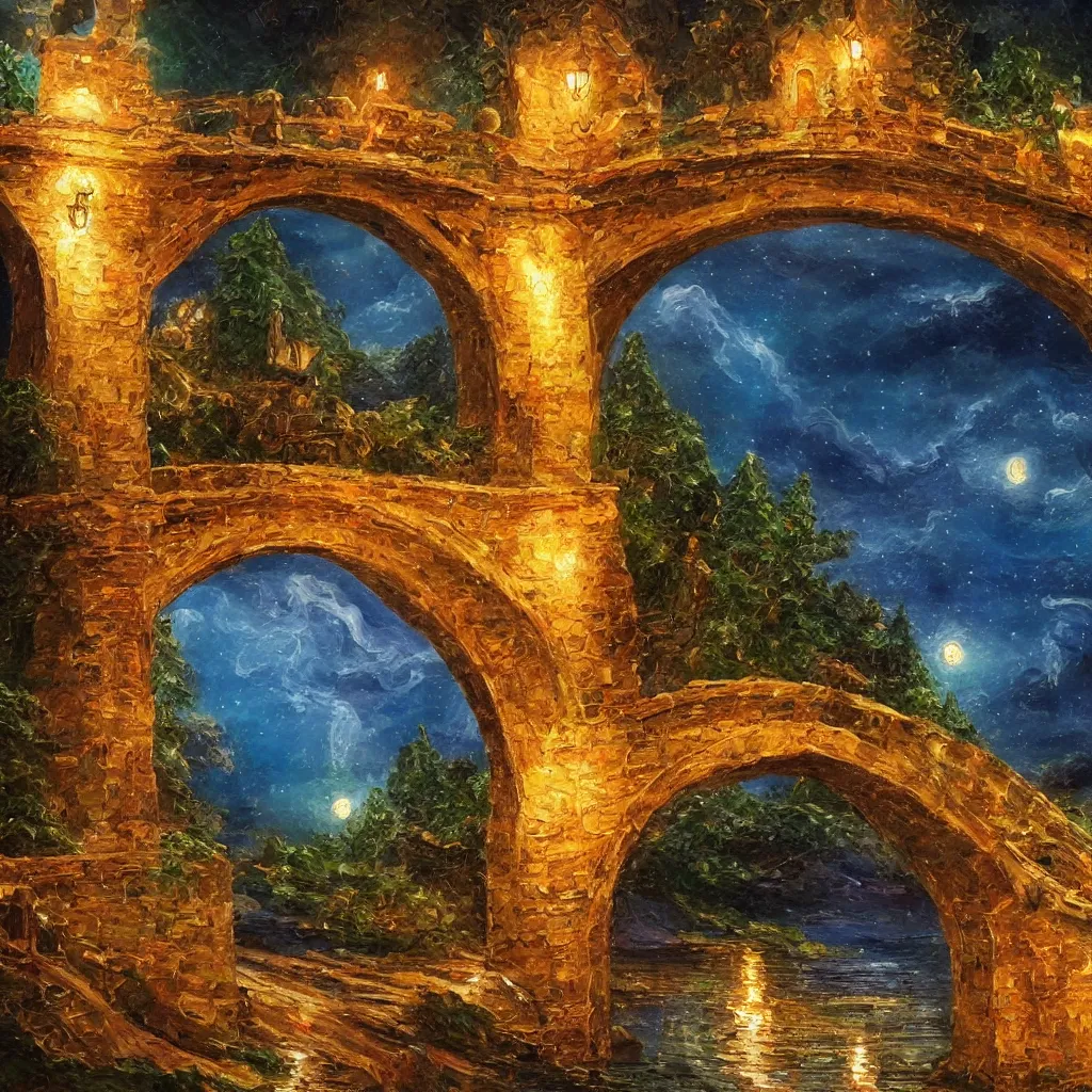 Image similar to 3 d high relief painting of fairyland bridge, outside of time and space, dreamy, romantic, night lighting, expressive impressionist style, highly detailed, 8 k