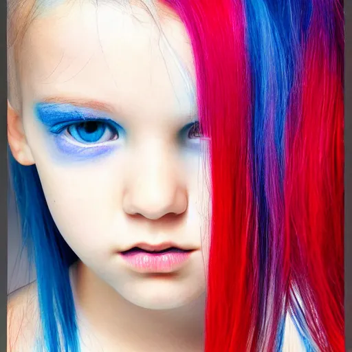 Image similar to symmetrical portrait of a girl with split hair colouring, half blue and half red colour