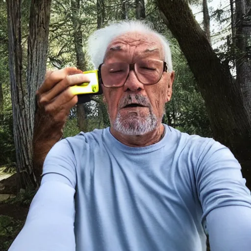 Image similar to photo of my grandfather accidentally taking a selfie with the front camera while trying to start the chainsaw but it never starts the first time so he is angry