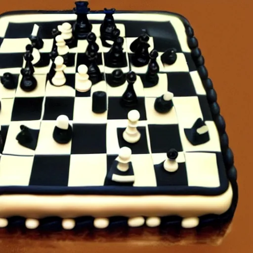 Prompt: a chessboard made of cake. Digital art.