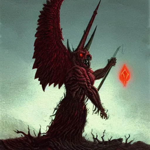 Image similar to Experimental art. a large, muscular demon-like creature with wings, standing in a dark, hellish landscape. The creature has red eyes and sharp teeth, and is holding a large sword in one hand. carmine by Quint Buchholz tender