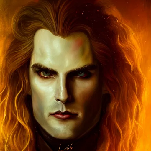 Image similar to majestic gracious regal aristocratic male vampire lestat de lioncourt portrait, atmospheric lighting, painted, menacing, intricate, volumetric lighting, beautiful, rich deep colours masterpiece, golden hour, sharp focus, ultra detailed, by leesha hannigan, ross tran, thierry doizon, kai carpenter, ignacio fernandez rios