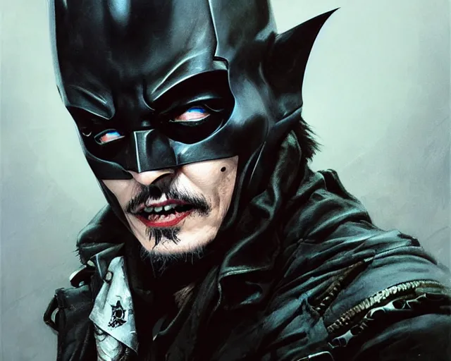 Image similar to highly detailed portrait of johnny depp as the batman who laughs, in batman : arkham knight, stephen bliss, unreal engine, fantasy art by greg rutkowski, loish, rhads, ferdinand knab, makoto shinkai and lois van baarle, ilya kuvshinov, rossdraws, tom bagshaw, global illumination, radiant light, detailed and intricate environment