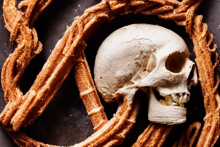 Image similar to aztec skull made of churros, food photography, food stylist, 35mm, centered, uncropped