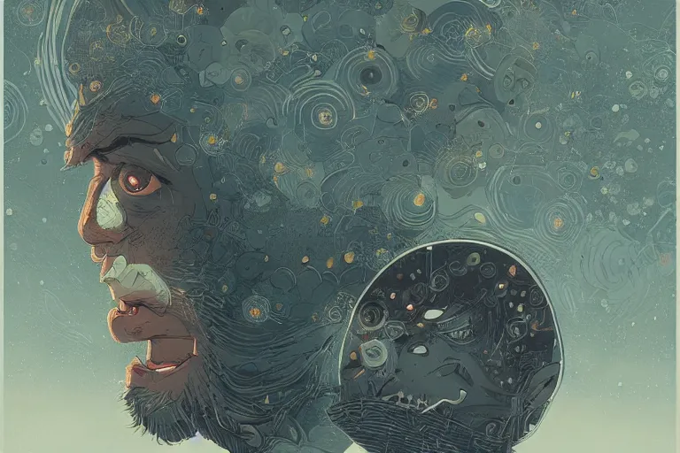 Image similar to man face, large round eyes, concept art, fantasy illustration, by victo ngai and diego gisbert llorens