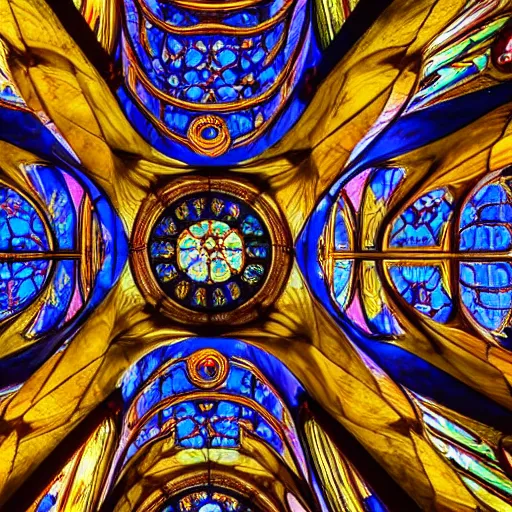 Prompt: the ceiling of a large cathedral with stained glass windows, an abstract sculpture by gaudi, shutterstock contest winner, kinetic art, intricate patterns, hall of mirrors, creative commons attribution