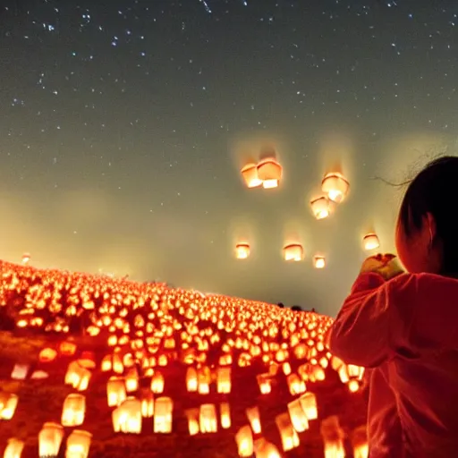 Image similar to a little girl watching hundreds of chinese sky lanterns in the night sky