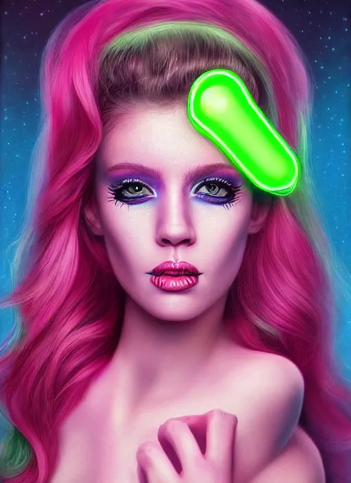 Image similar to gorgeous android portrait with neon face makeup, eightees look, smiling expression, cute nose, retro, beautiful lights, vintage look, hyper realistic, illustration, airbrush, 8 k, intricate, duo tone, art by david la chapelle and philip castle, artgerm