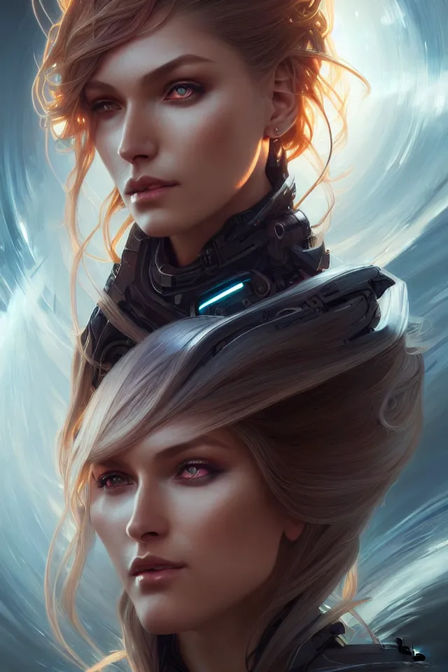 Image similar to futuristic woman portrait, sci-fi, amber eyes, face, long hair, fantasy, intricate, elegant, highly detailed, digital painting, artstation, concept art, smooth, sharp focus, illustration, art by artgerm and greg rutkowski and alphonse mucha