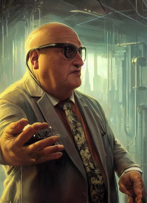 Image similar to ultra realistic medium shot of danny de vito how a cyborg cyberpunk, sci - fi, kodak, faces, colour led, soft light, volumetric lighting, fog, rays, night, intricate detailed, digital painting, concept art, smooth, sharp focus, illustration, art by artgerm and greg rutkowski and alphonse mucha